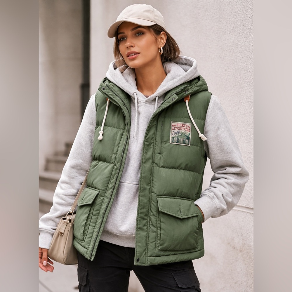 Jeep Size M Duckdown Puffer Vest with Removable Hood - Green
